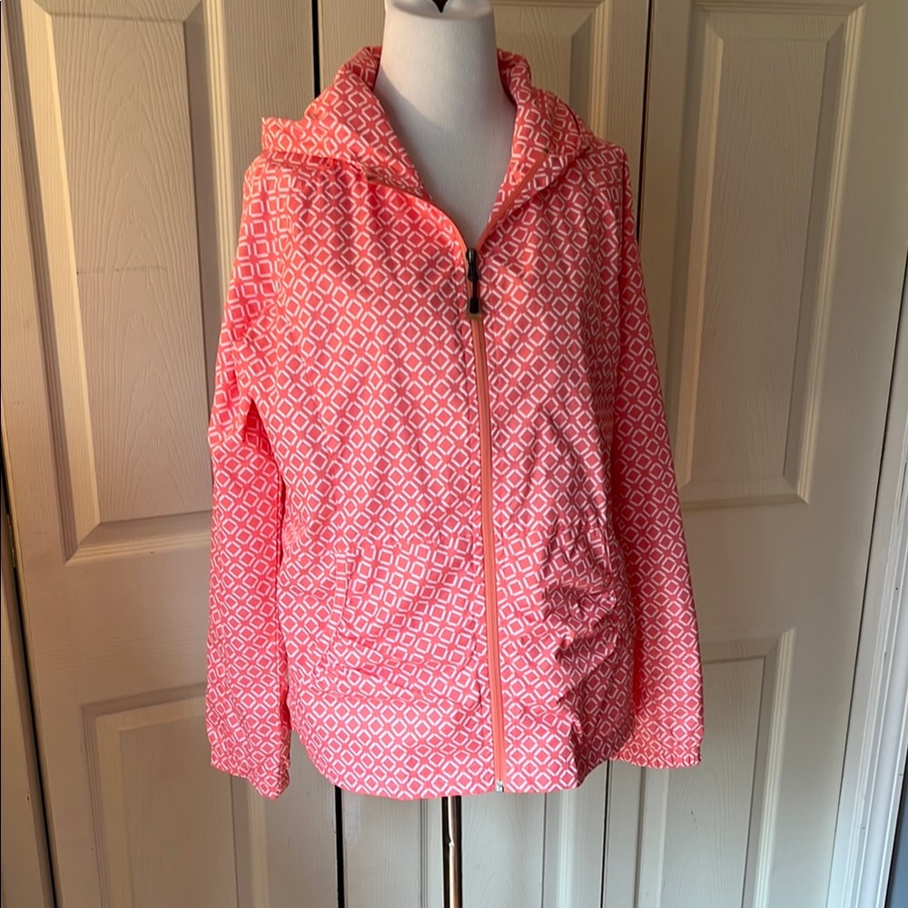 Hannah Pink rain Jacket with geometric shapes